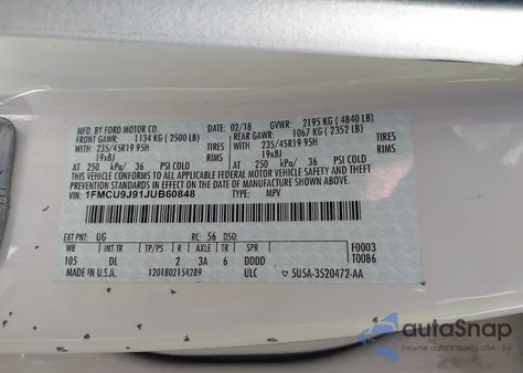 2018 Ford Escape Titanium из США, поврежденный, VIN 1FMCU9J91JUB60848